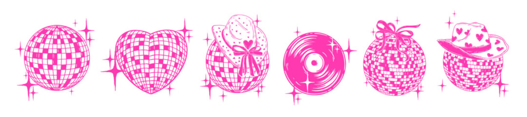 Pink disco ball icon set, vector hand drawn western dance party shiny nightlife music illustration. Cowgirl bachelorette celebration groovy sign retro club aesthetic print. Vinyl logo disco ball heart