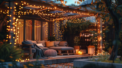A festive backyard adorned with glowing fairy lights draped overhead, illuminating a cozy seating area filled with blankets and holiday decorations.