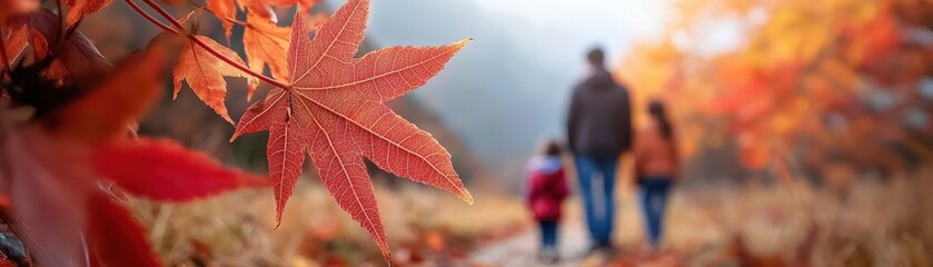 Family enjoying a stroll in an autumn landscape with vibrant orange leaves.