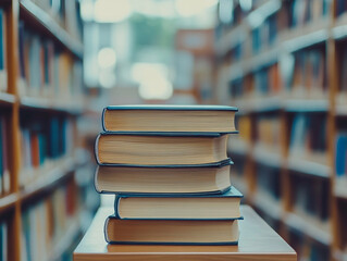 A stack of books on a table in a library. The books are all different sizes and are arranged in a neat stack. 
