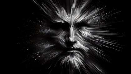 Obraz premium Abstract digital art of a face blending with cosmic elements, portraying a fusion of humanity and the universe