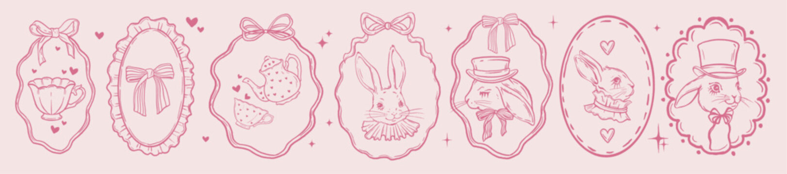 Cute hand drawn rabbit illustration set, vector coquettish pink ribbon frame baby easter hare in hat. Nursery poster print, vintage doodle border decoration, girly retro design. Cute rabbit portrait