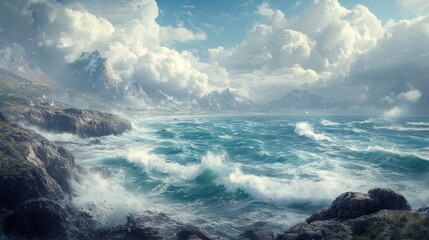 Fototapeta premium Dramatic Seascape with Snowy Mountains