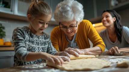 Family bonding through cooking, three generations make dough together in a warm kitchen.