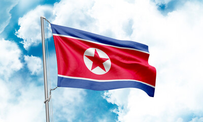 Korea North flag waving on sky background. 3D Rendering