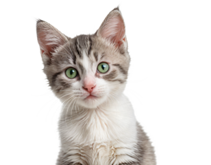 A white and gray kitten with striking green eyes gazes directly at the camera, its pink nose and whiskers contrasting against the white background, creating a captivating and harmonious scene