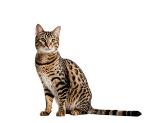 A斑午ari cat with a brown and black spotted coat sits upright on a white background, facing the camera with a slightly tilted head and alert ears, creating a striking visual contrast