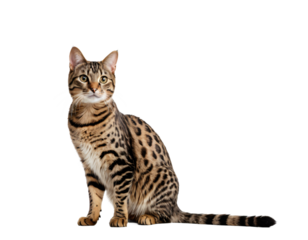 A斑午ari cat with a brown and black spotted coat sits upright on a white background, facing the camera with a slightly tilted head and alert ears, creating a striking visual contrast