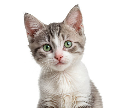 A white and gray kitten with striking green eyes gazes directly at the camera, its pink nose and whiskers contrasting against the white background, creating a captivating and harmonious scene