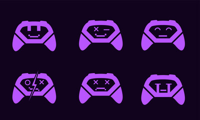 Gaming emotes. Game controller emoji. Joystick controller retro icons with faces and different emotions. Icons for gamer to use in streaming and as subscriber badges. 