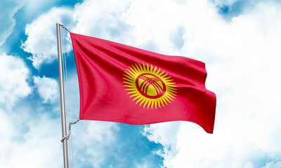 Kyrgyzstan flag waving on sky background. 3D Rendering
