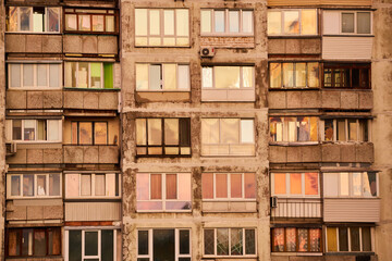 Reflective Windows on Soviet-Style Apartment Building