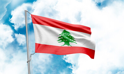 Lebanon flag waving on sky background. 3D Rendering