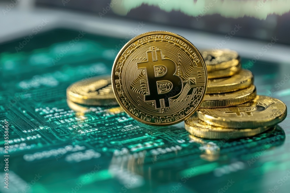 Poster stacks of golden bitcoins resting on a green digital circuit board background at a modern tech hub