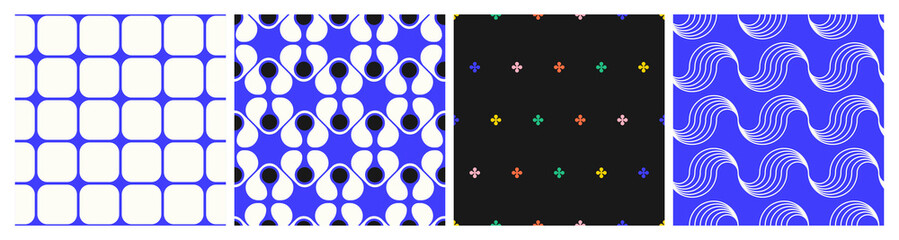 A collection of geometric patterns in rectangles, circles, squares, and symmetrical designs in electric blue on a vibrant blue background. Retro style. All patterns isolated