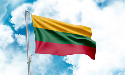 Lithuania flag waving on sky background. 3D Rendering