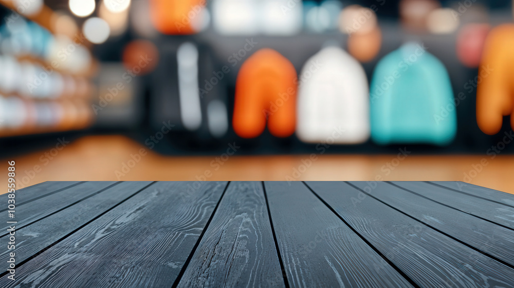 Poster empty wooden table in front of blurred sports store background, perfect for showcasing products or c