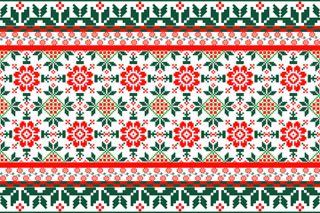christmas pattern ,a traditional textile design, with a prominent red and green floral pattern on a white background. The motifs are symmetrical, resembling cross-stitch or embroidery,