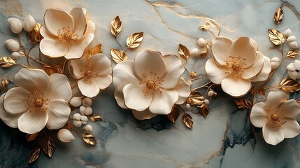 3d wallpaper gold and white flowers on white marbled texture background