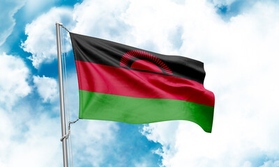 Malawi flag waving on sky background. 3D Rendering