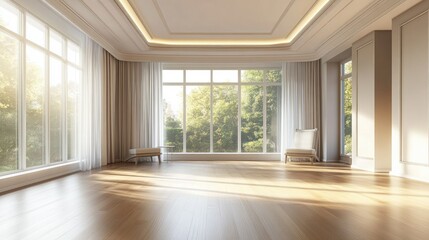 Obraz premium Bright and Serene Interior with Panoramic Windows