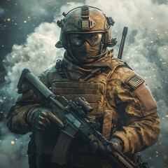 Fototapeta premium A soldier is standing in front of a blurred background, holding a rifle. Concept of danger and war, as the soldier is in a combat situation