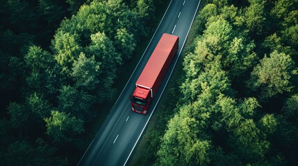 Fototapeta premium Aerial view of a red truck driving on the road in the forest