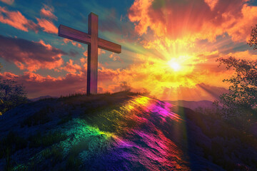 Obraz premium The image shows a dramatic landscape with a large cross on a hill. The vibrant sunset creates a beautiful sky filled with warm colors, and rainbow reflections shimmer across the ground.