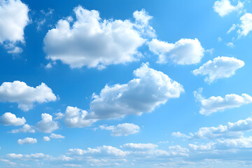 Fototapeta premium There are many white clouds scattered in the sky. The clouds are of different shapes, some are fluffy, some are relatively flat. They look particularly white against the backdrop of the blue sky.