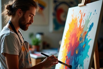 Artist Painting Vibrant Abstract Artwork in Studio