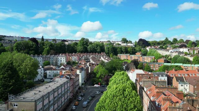 Low Angle of View of Buildings at Hotwells Central Bristol City of Southwest of England, United Kingdom. High Angle Footage Was Captured with Drone's Camera from Medium High Altitude on May 26th, 202