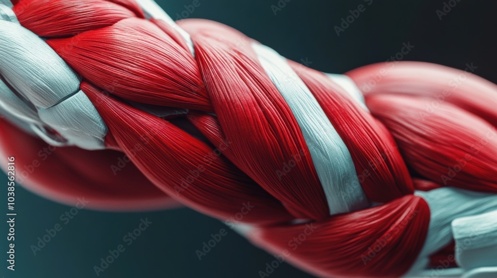 Poster An intricate close-up reveals the textured surface of a red and white muscle, highlighting its detailed features and colors. Generative AI