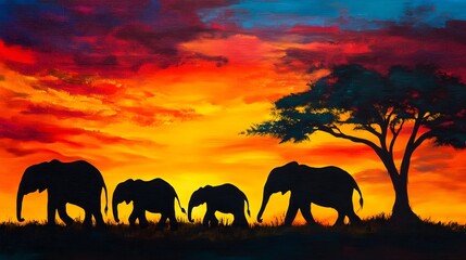 Obraz premium African Sunset with Elephant Family