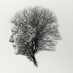 The profile of an elderly man and a tree symbolizes wisdom, aging, memory and the connection between nature and reason.