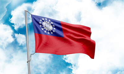 Myanmar-Burma flag waving on sky background. 3D Rendering