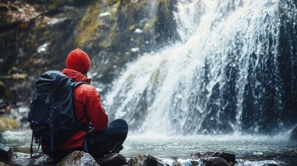 Obraz premium Adventurer Enjoying Serenity by a Waterfall