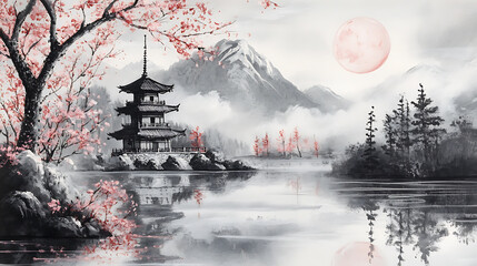 Fototapeta premium Fuji, wallpaper, a tall mountain and a beautiful castle view