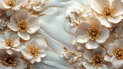 3d wallpaper gold and white flowers on white marbled texture background