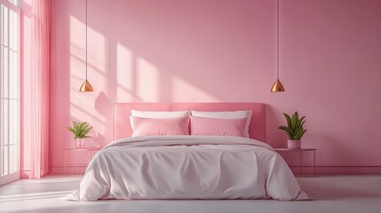 A romantic pink pastel bedroom with minimalist modern furniture and a large bed, designed for a serene, calming atmosphere.