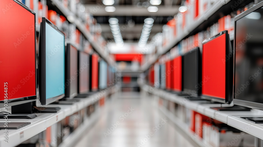 Poster rows of new televisions showing colorful screen in electronics store with blurred background