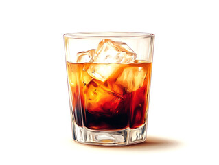 A glass of dark liquor with ice cubes on a white background.