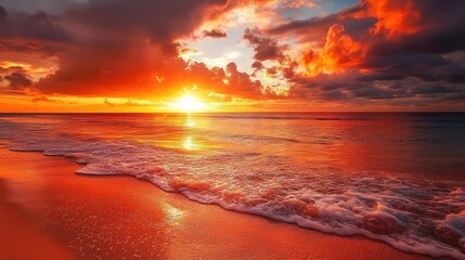 A serene sunset over the ocean with vibrant orange and red hues reflecting on the water, creating a peaceful beach scene.