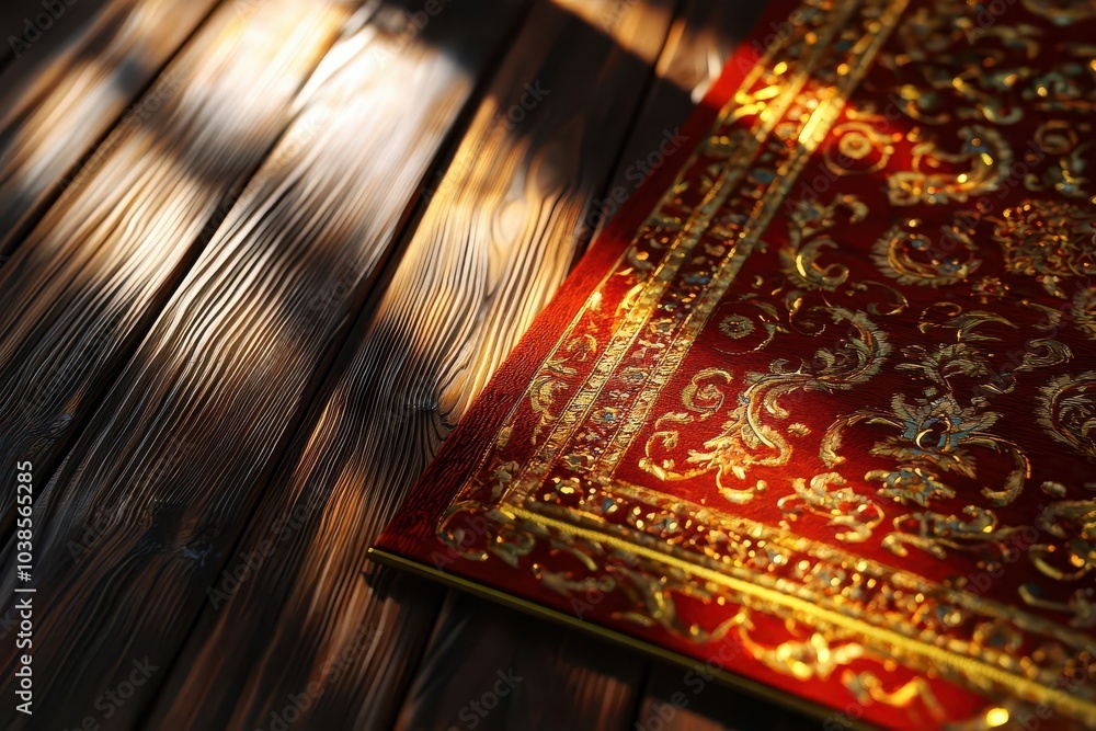 Aufkleber a vibrant red rug with intricate gold patterns rests on a textured wood floor, illuminated by soft l