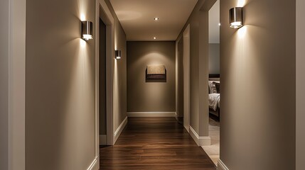 Elegant Hallway with Stylish Lighting and Warm Ambiance