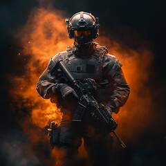 Fototapeta premium A soldier is standing in front of a blurred background, holding a rifle. Concept of danger and war, as the soldier is in a combat situation