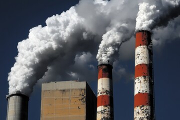 A close-up view of two industrial chimneys emitting thick clouds of smoke into the atmosphere, symbolizing air pollution, environmental issues, and climate change impacts.