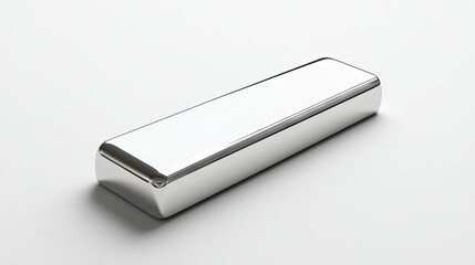 A sleek silver ingot lying flat, isolated on a white background, reflecting light in a minimalistic setting.