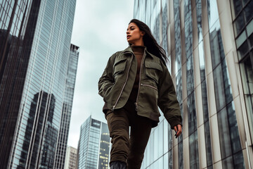 Fototapeta premium Woman in a military green bomber jacket, paired with combat boots, walking through a modern cityscape.
