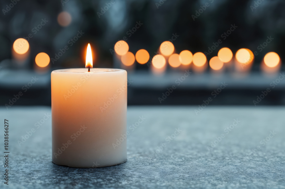 Aufkleber White candle is burning on a table with bokeh lights in the background, creating a warm and inviting atmosphere