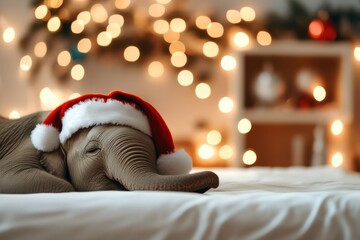 Obraz premium An elephant calf comfortably napping with a Santa hat on a soft surface set in a cozy room. The focused background contains vibrant holiday decorations.